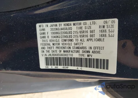 2006 Honda Cr-V Lx from USA, damaged, VIN JHLRD68556C002710